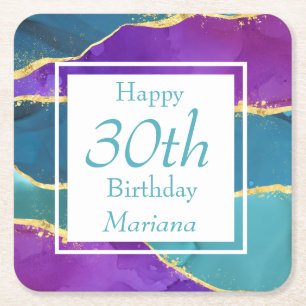 Abstract Ink Fuchsia Pink Teal Gold Birthday Party Square Paper Coaster