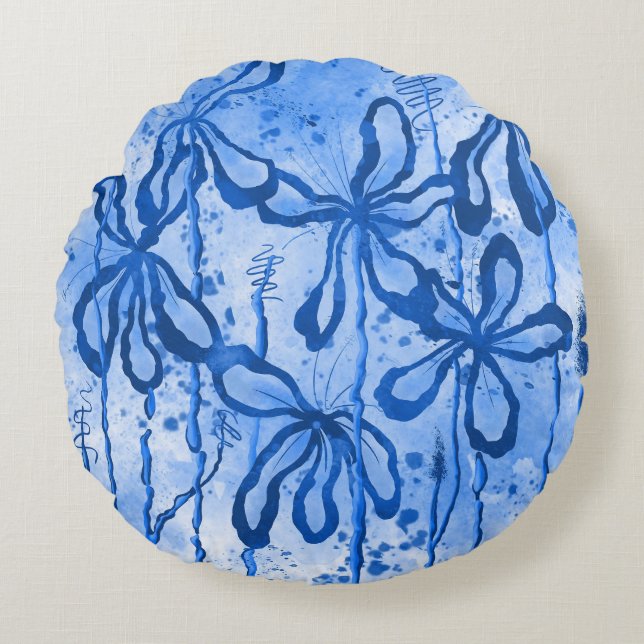 Abstract Inked Flowers  Blue Lilies Round Cushion (Front)