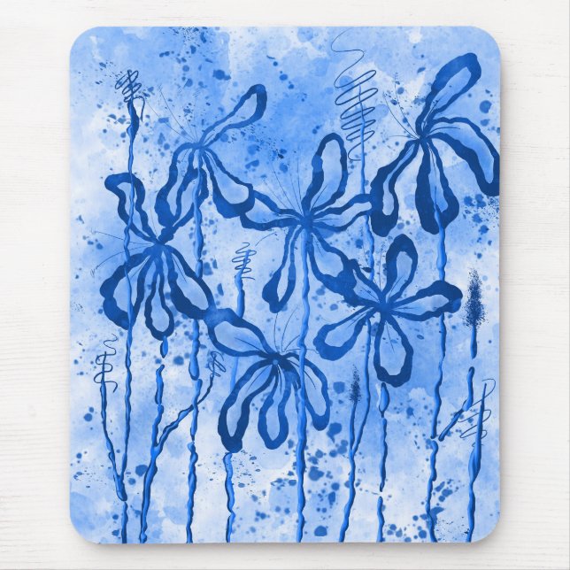 Abstract Inked Flowers Blue  Mouse Pad (Front)