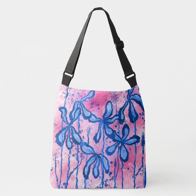 Abstract Inked Flowers  Pink & Blue   Crossbody Bag (Front)