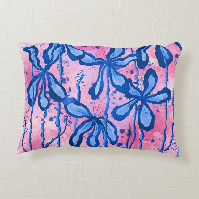 Abstract Inked Flowers Pink Blue  Decorative Cushion (Back)