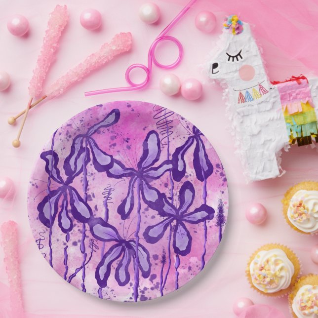 Abstract Inked Flowers Pink Purple Paper Plate (Party)