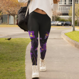 Abstract Iris Flowers on Black Colourful Leggings