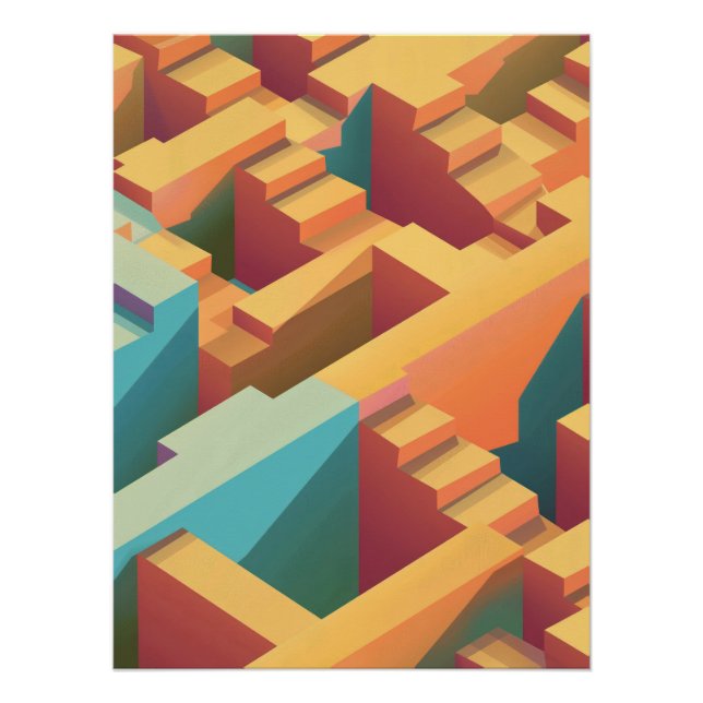 Abstract Isometric Maze Pattern in Cool Tones Poster (Front)