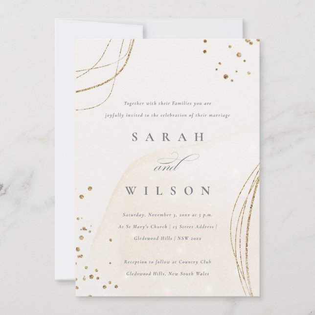 Abstract Ivory Gold Watercolor Wedding Invite (Front)