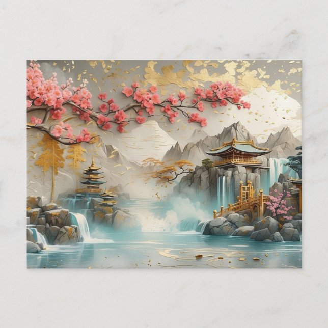 Abstract Japanese Landscape with Sakura Blossom  Postcard (Front)