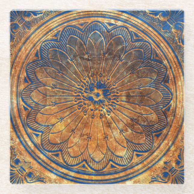 Abstract Kaleidoscope Arabesque Mandala Bronze Glass Coaster (Front)