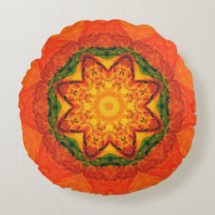 Abstract kaleidoscope orange background. Beautiful Round Cushion