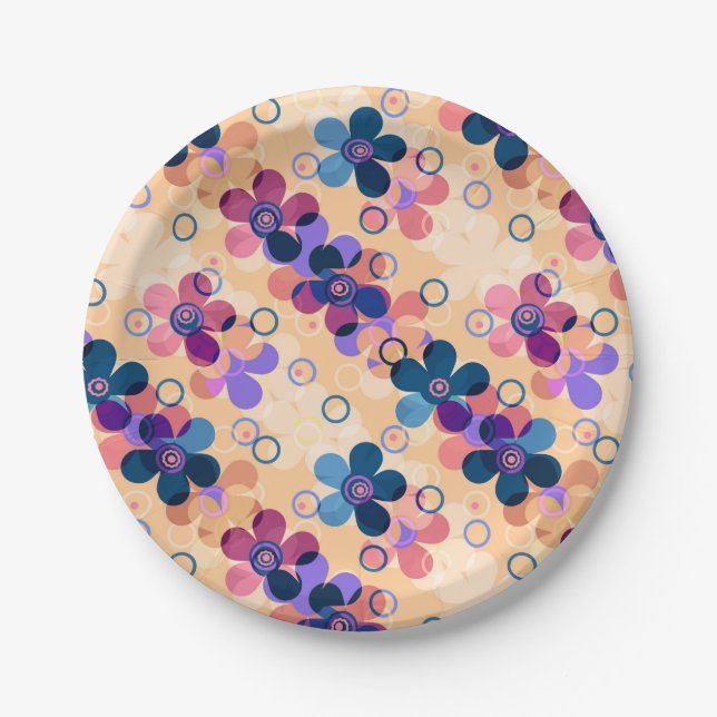 Abstract kids cute cartoon flowers floral retro de paper plate (Front)