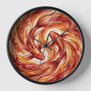 Abstract Koi Swirl Fire Red Watercolor Art Clocks