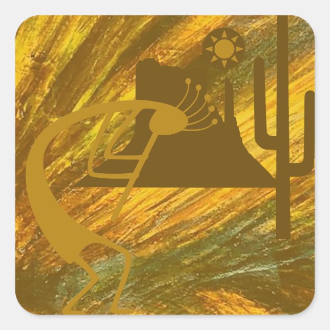 Abstract Kokopelli with Mesa, Cactus & Sun Square Sticker (Front)