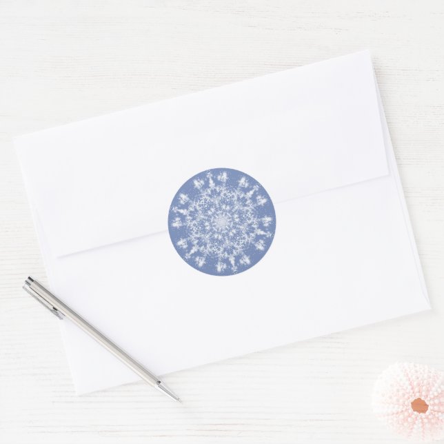 Abstract Lacy Fractal Snowflake on Blue Background Classic Round Sticker (Envelope)