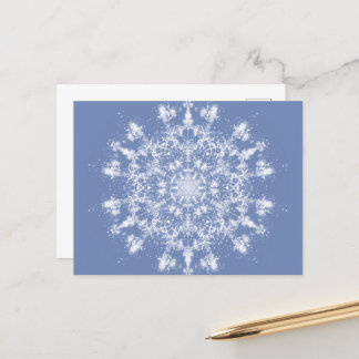 Abstract Lacy Fractal Snowflake on Blue Background Holiday Postcard