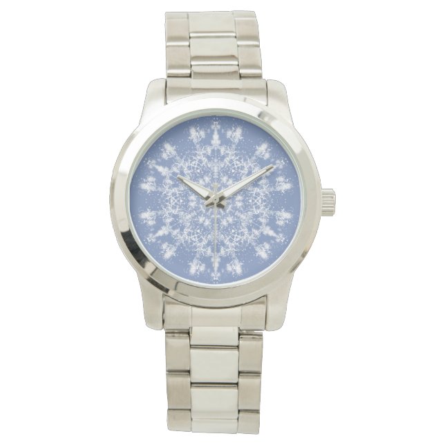 Abstract Lacy Fractal Snowflake on Blue Background Watch (Front)