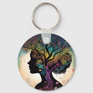 Abstract Lady Mother Nature Trees And Flowers, Key Ring