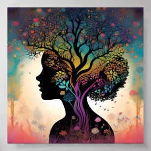 Abstract Lady Mother Nature Trees And Flowers, Poster