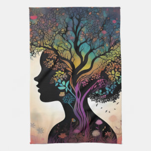 Abstract Lady Mother Nature Trees And Flowers, Tea Towel