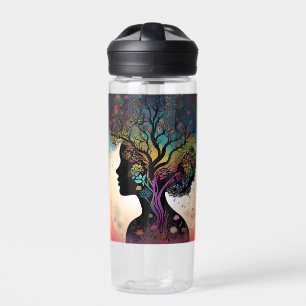 Abstract Lady Mother Nature Trees And Flowers, Water Bottle