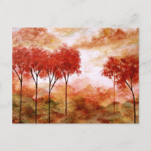 Abstract Landscape Art Red Skinny Trees Painting Postcard