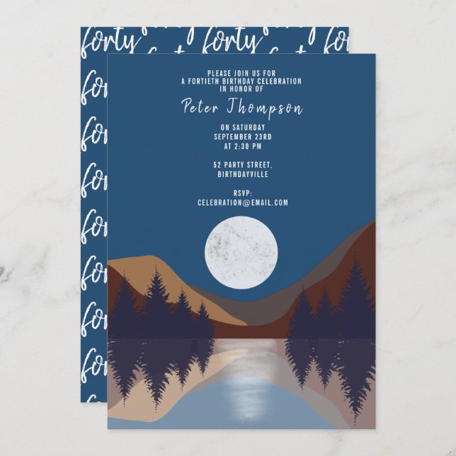 Abstract Landscape Forest Moon Forty Birthday Invitation (Front/Back)