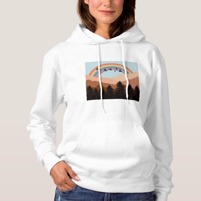 Abstract Landscape Forest Trees Rainbow & Birds Hoodie (Front)