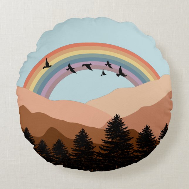 Abstract Landscape Forest Trees Rainbow & Birds  Round Cushion (Front)