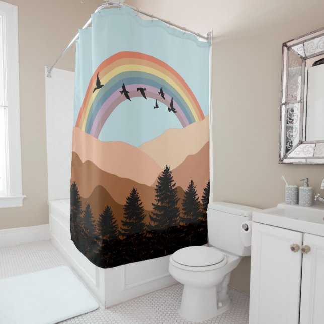 Abstract Landscape Forest Trees Rainbow & Birds  Shower Curtain (In Situ)