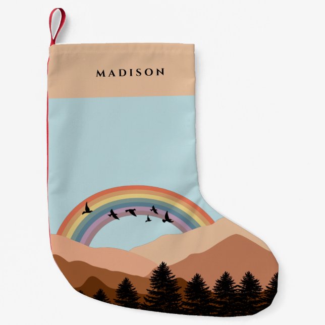 Abstract Landscape Forest Trees Rainbow & Birds Small Christmas Stocking (Front)