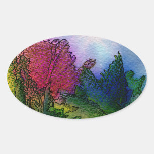 Abstract Landscape in Watercolors - Foggy Sunrise Oval Sticker