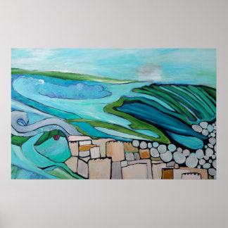 Abstract landscape of seaside village poster