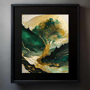 Abstract Landscape Painting Gold Green Poster