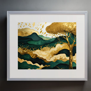 Abstract Landscape Painting Gold Green Poster