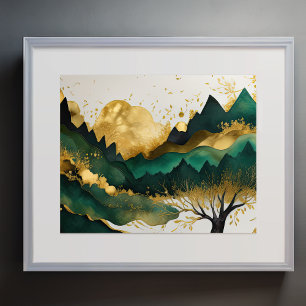 Abstract Landscape Painting Gold Green Poster