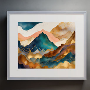 Abstract Landscape Painting Gold Peach Blue Poster