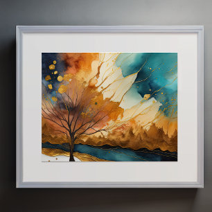 Abstract Landscape Painting Gold Rust Blue Poster