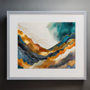 Abstract Landscape Painting Gold Rust Blue Poster