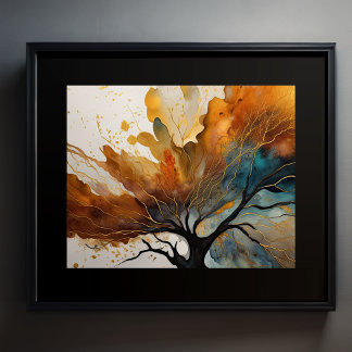 Abstract Landscape Painting Gold Rust Blue Poster