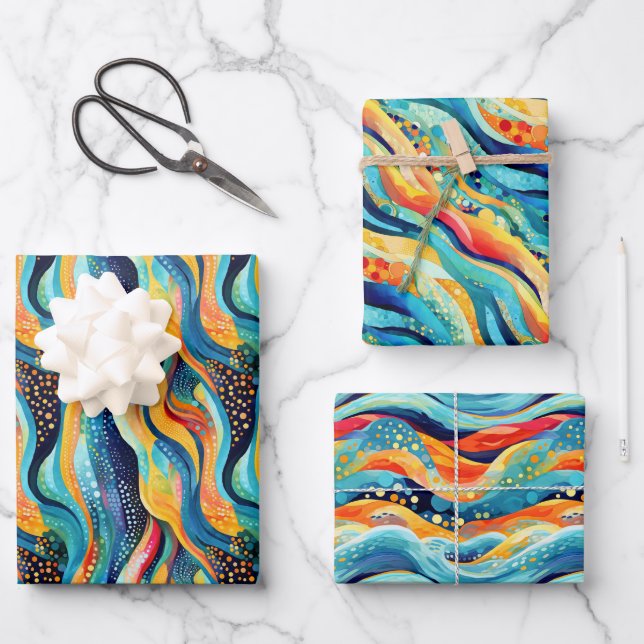 Abstract Landscape with Vibrant Waves and Playful  Wrapping Paper Sheet (Front)