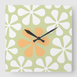 Abstract Large Flowers White & Orange on Lime Square Wall Clock