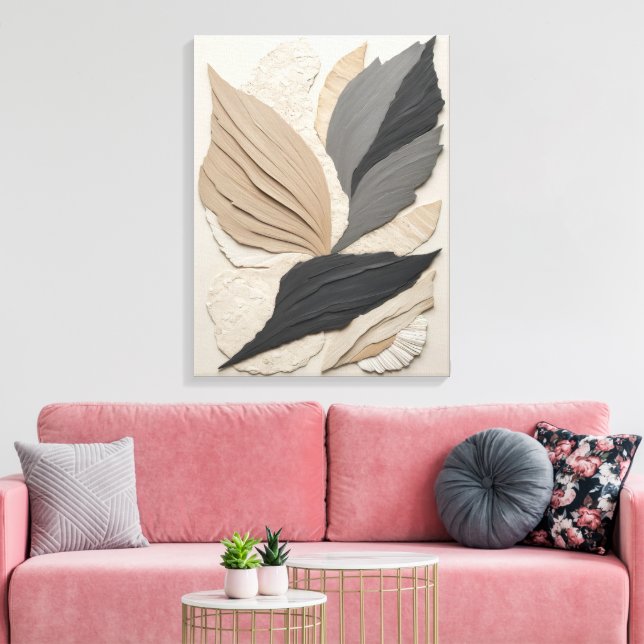 Abstract Leaf Collage Neutral Tones Boho  Canvas Print (Insitu(LivingRoom))
