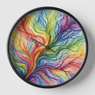 Abstract Leaf Vein Rainbow Watercolor Art Clocks