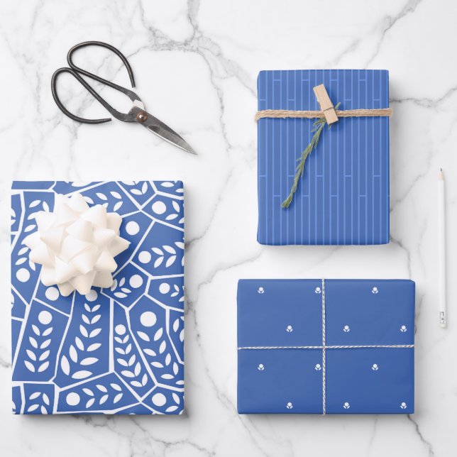 Abstract Leaves Blue Modern Shapes Wrapping Paper  (Front)