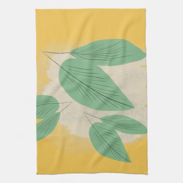 Abstract Leaves Greenery Yellow Illustration Tea Towel (Vertical)