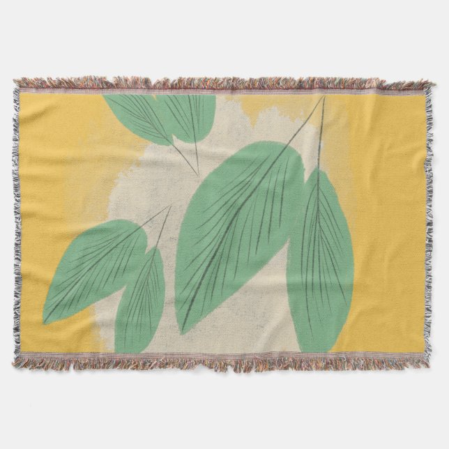 Abstract Leaves Greenery Yellow Illustration Throw Blanket (Front)