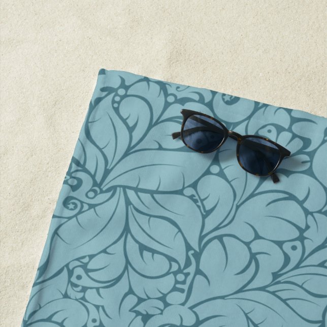 Abstract leaves muted teal pattern beach towel (In Situ)