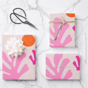 Abstract Leaves Pink Orange Modern Shapes Cut Outs Wrapping Paper Sheet