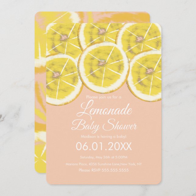Abstract Lemon Citrus Lemonade Pink Baby Shower In Invitation (Front/Back)