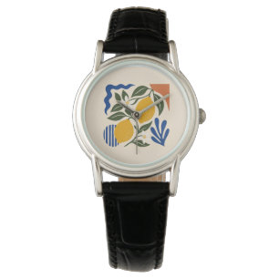 Abstract Lemon Leaves Boho Blue Cream Watch