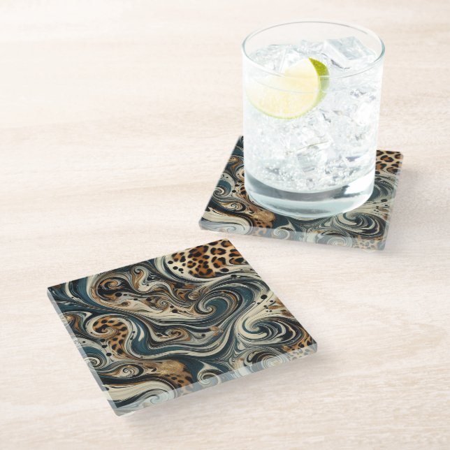 Abstract Leopard Print Swirl Glass Coaster (Angled)