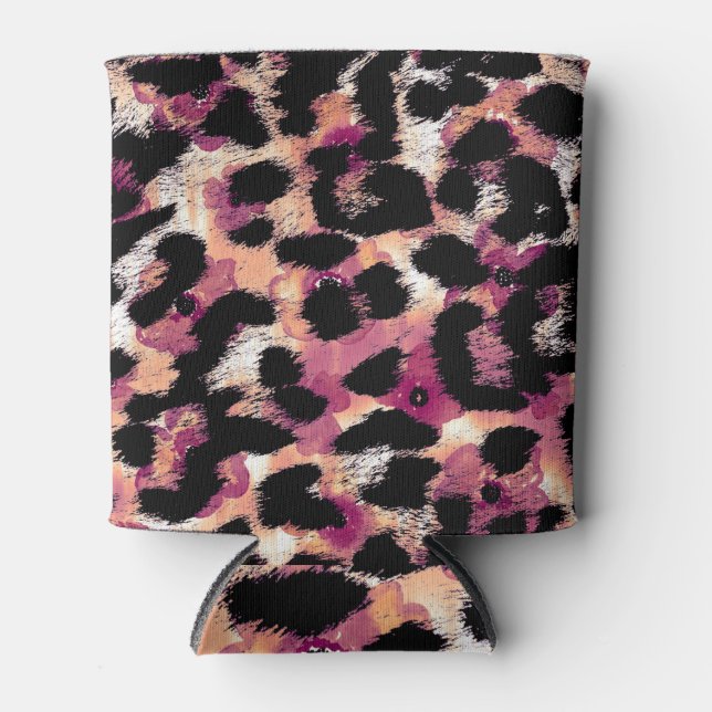 Abstract Leopard Watercolor: Floral Gradient Can Cooler (Front)